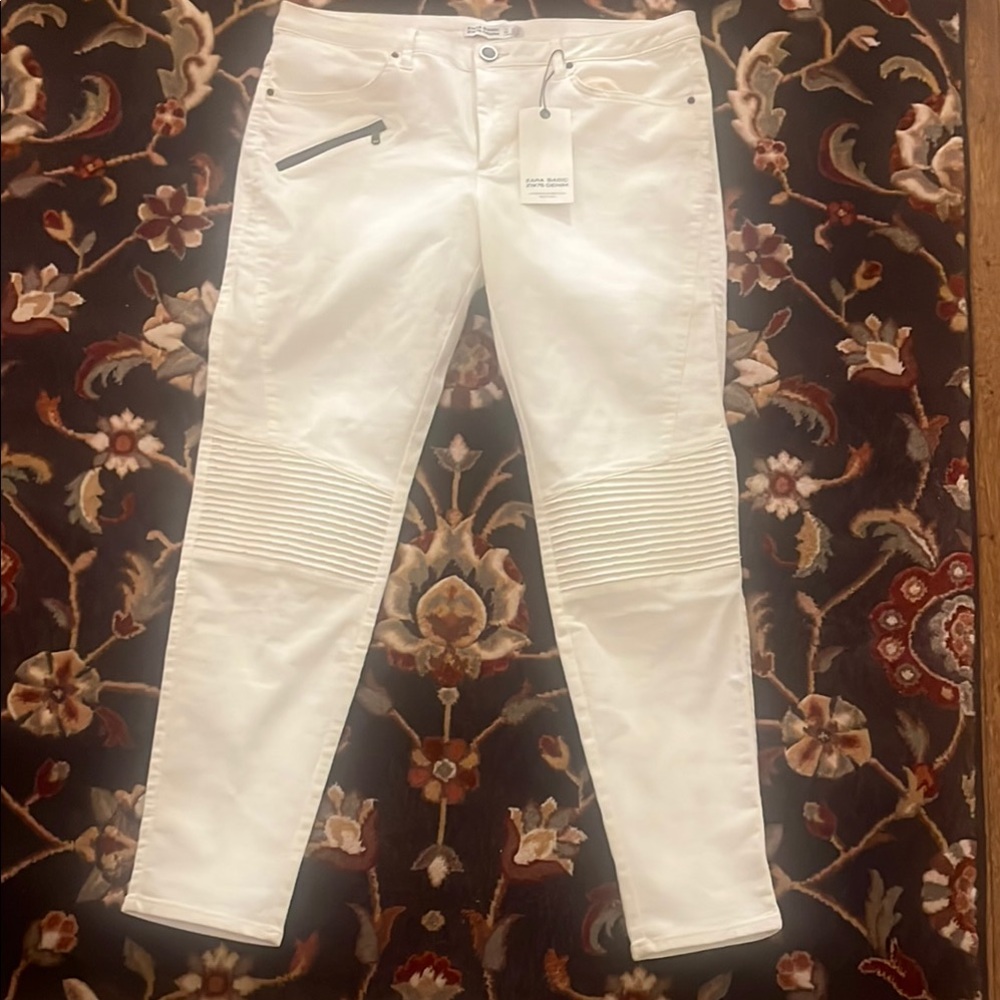 Zara White Biker Style Pants with Zipper Detail